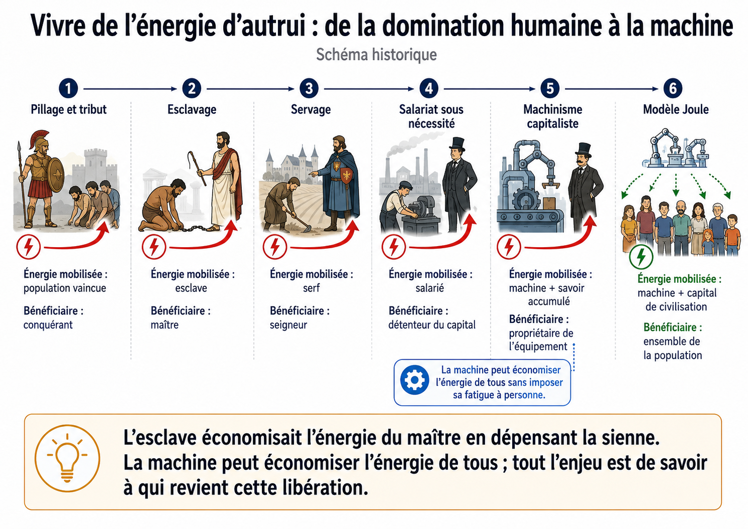 Schéma historique du pillage, de l'esclavage, du servage, du salariat, du machinisme et du Modèle Joule